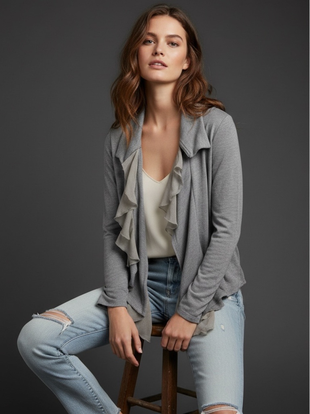 Bordeaux | Gray ruffles feminine open sweater cardigan size extra large